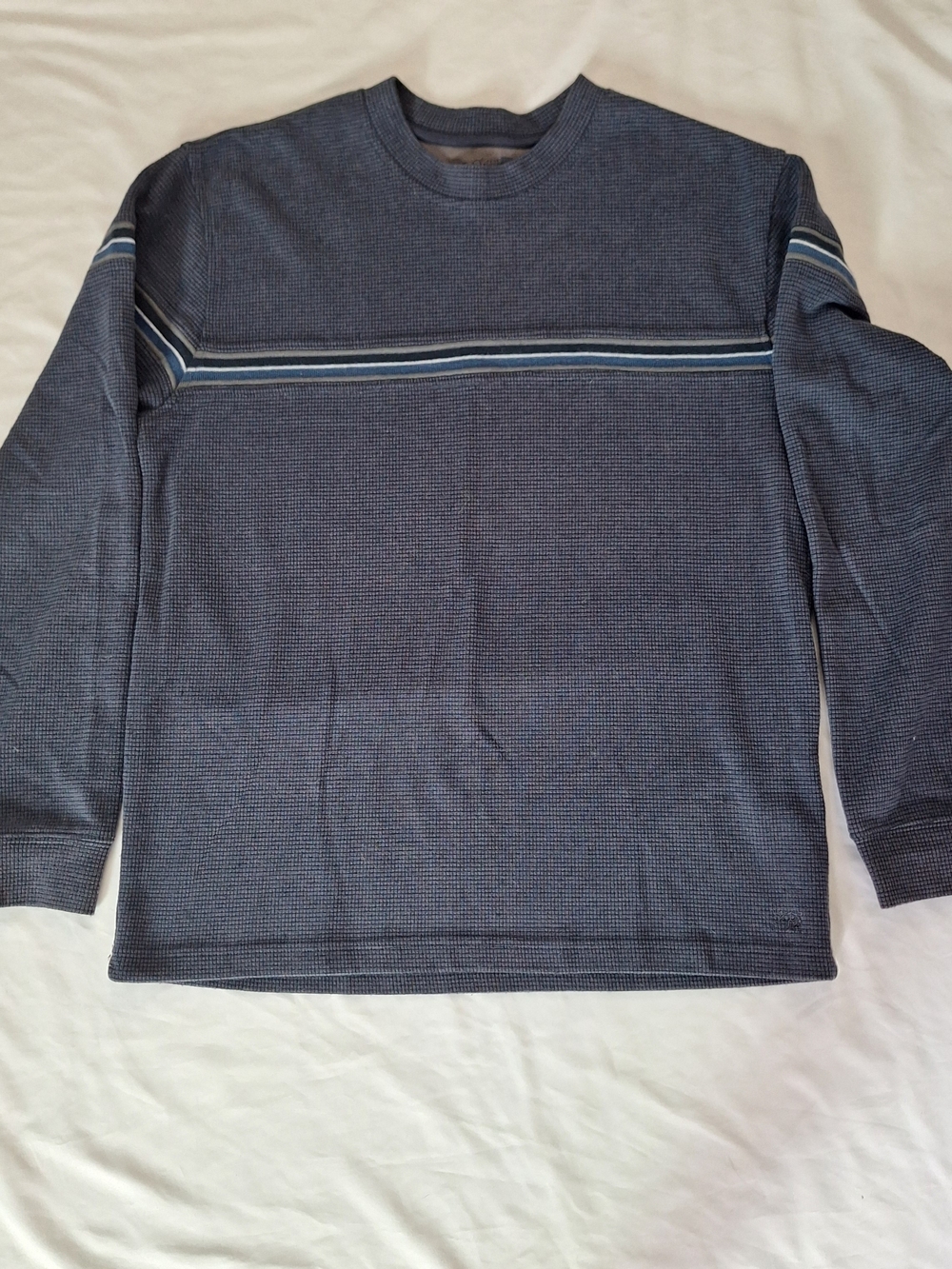 VTG XG Men's Blue With Multicolor Stripe Thermal Waffle Knit Pullover Sweater S
